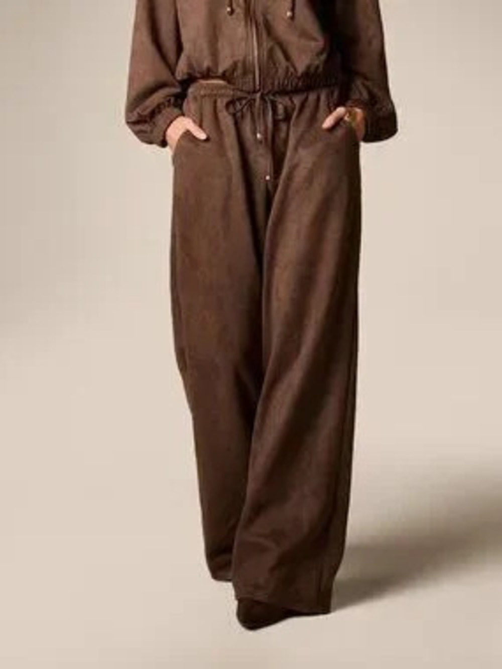 ZARA Coffee Brown Casual Women's Drawstring Waist Wide Leg Palazzo Pants
